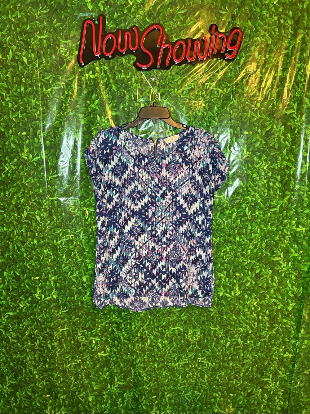 Pink Republic Navy and Pink Geometric Short Sleeve Blouse